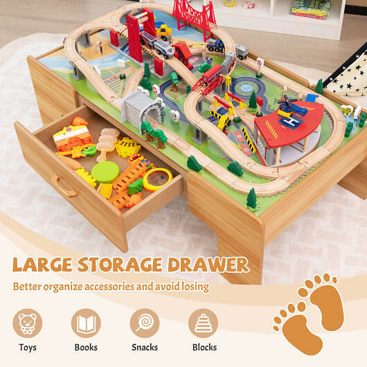 Kids Double-Sided Wooden Train Table Playset with Storage Drawer